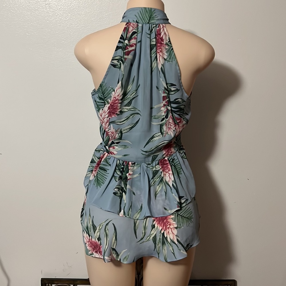 Anthropologie/BELLE VERE High Neck Halter Floral High Low Ruffle Layer Blouse - Picture 6 of 8